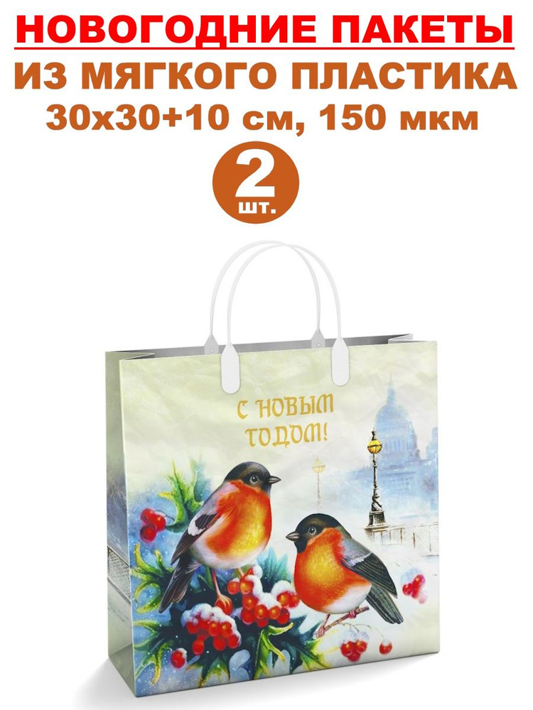 Подарочные новогодние пакеты из мягкого пластика 2 шт, 30х30+10 см, 150 мкм  #1