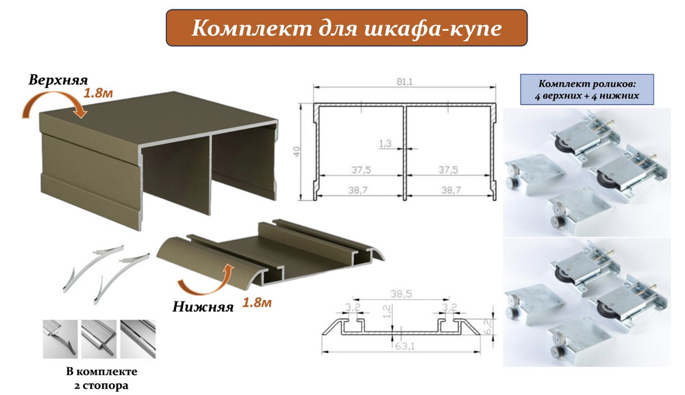 Комплект для шкафа-купе: усиленные ролики с регулировкой Mebax, 80кг (4 верхних/ 4 нижних) + направляющая #1