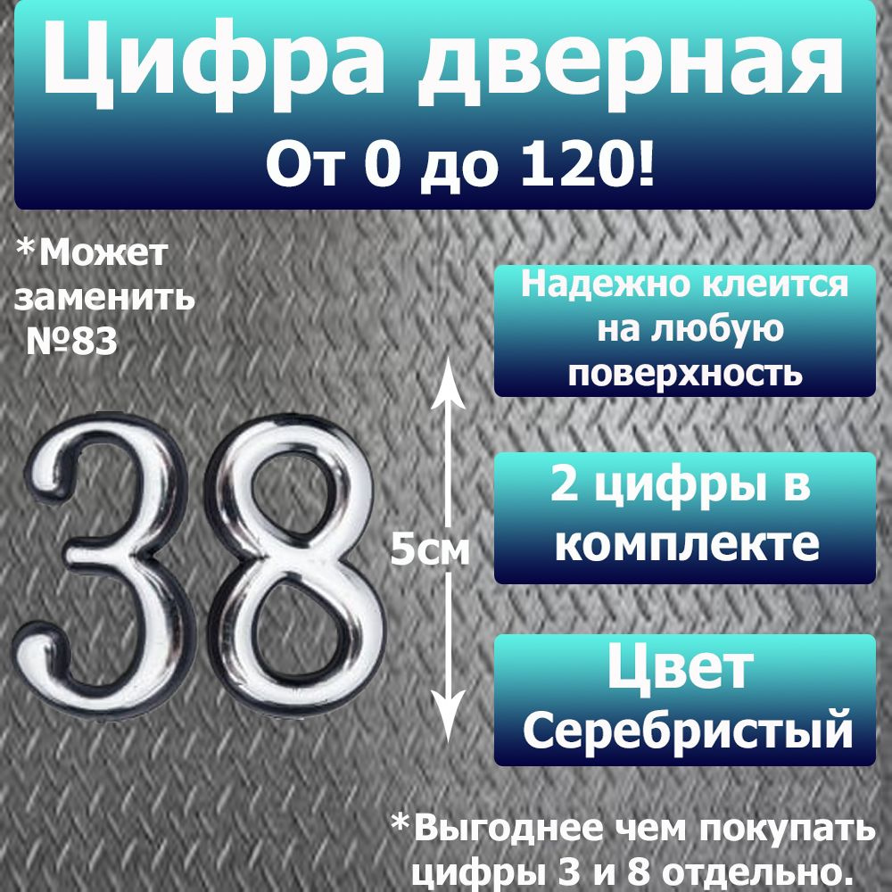 Цифра на дверь квартиры самоклеящаяся №38 с липким слоем Серебро, номер дверной Хром, Все цифры от 0 #1