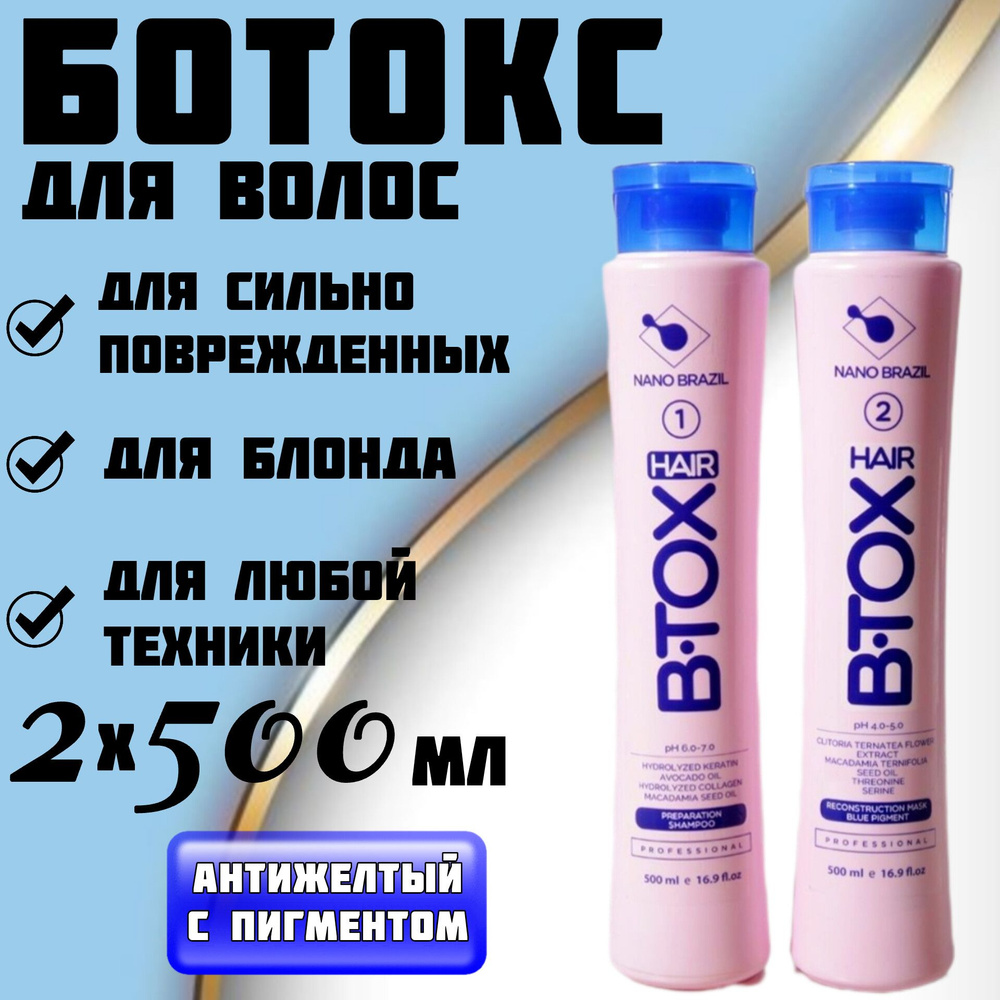 NANO BRAZIL / Ботокс для волос / Набор для восстановления HAIR B.TOX Blue с синим пигмента 2х500 мл профессиональный #1