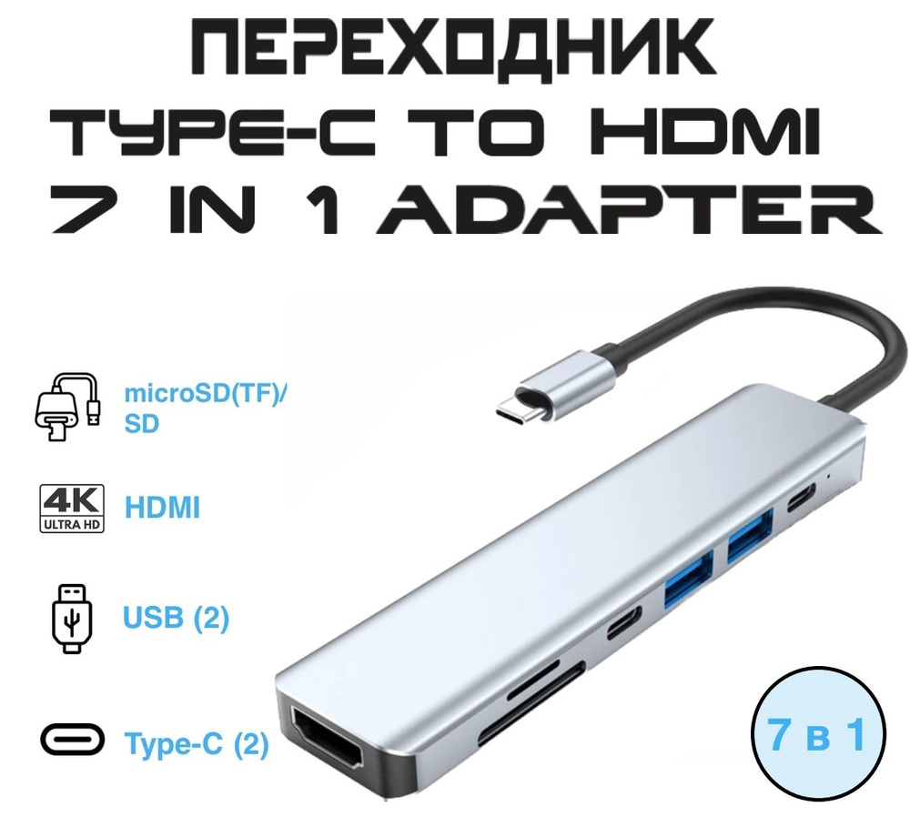 Хаб USB type-C адаптер-переходник GP Professional 7 в 1: TF/SD Card reader + HDMI + USB 3.0 + USB 2.0 #1