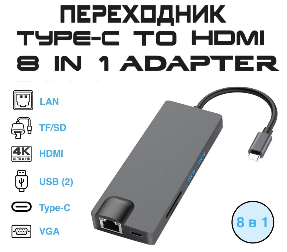 Хаб USB type-C 8 в 1: LAN (RJ45 Gigabit Ethernet) + TF/SD + HDTV + VGA + 2 порта USB 3.0 + USB Type C #1