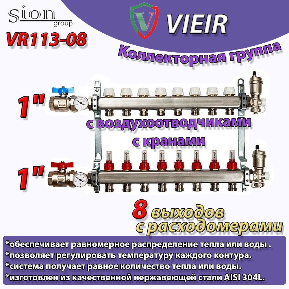 Коллекторная группа VIEIR 1"x 8 выходов с расходомерами, с кранами  #1