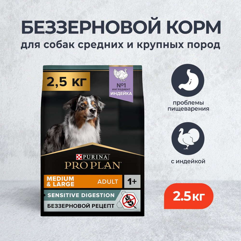 Pro Plan Adult Medium & Large Sensitive OptiDigest Grain Free сухой  беззерновой корм для взрослых собак средних и крупных пород с  чувствительным ...