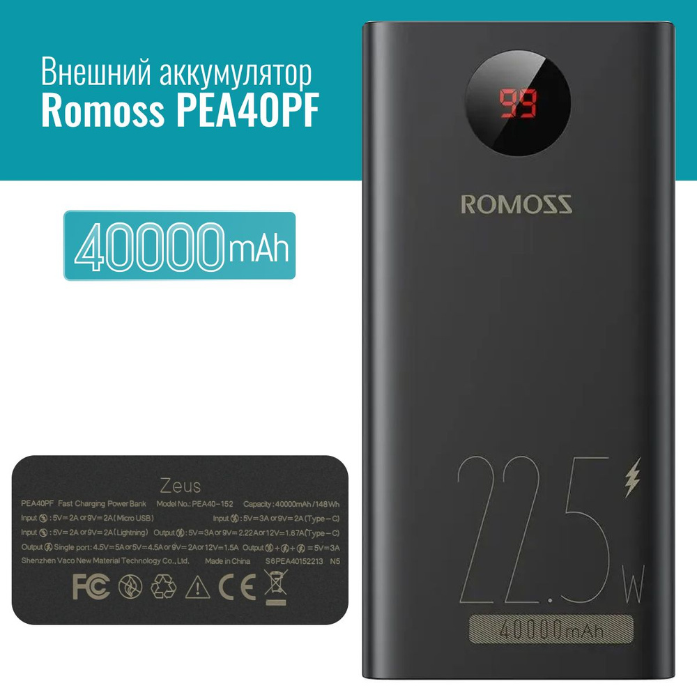 Внешний аккумулятор (Power Bank) Romoss PEA40PF - купить по выгодным ценам  в интернет-магазине OZON (872980348)