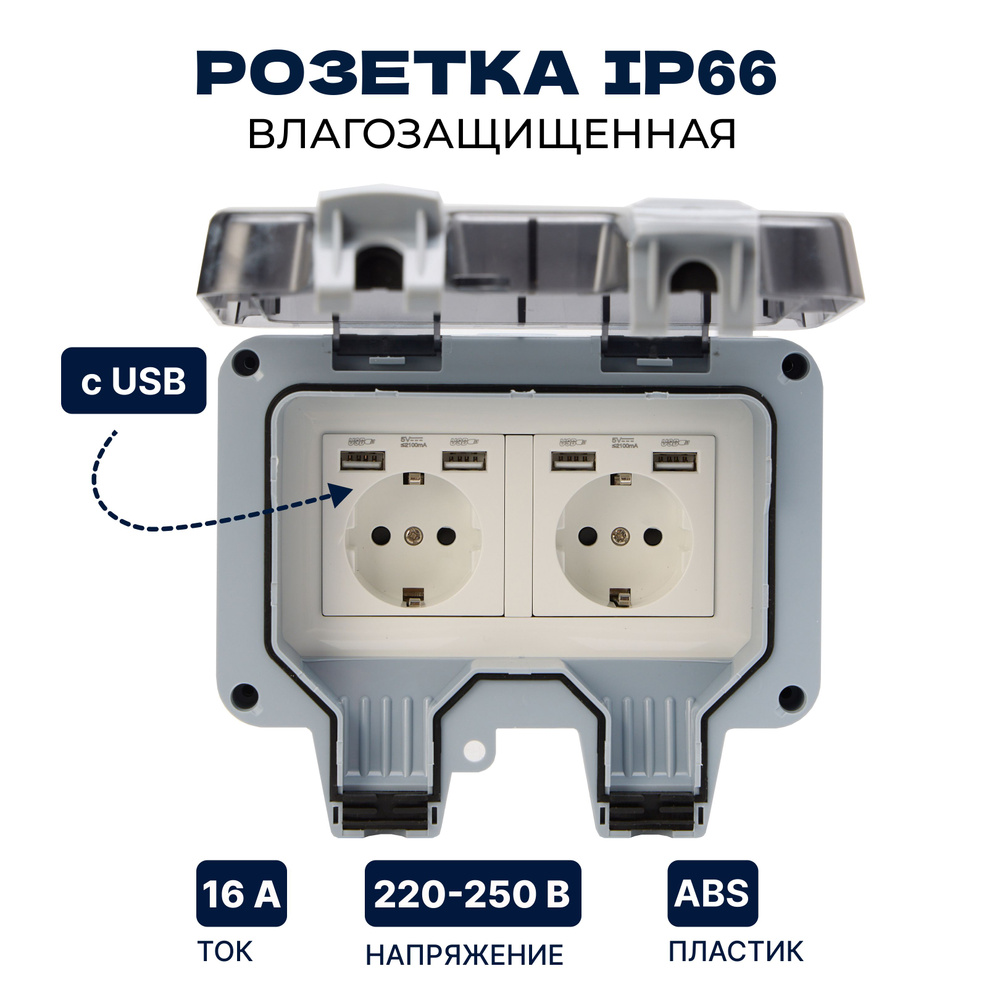 Розетка уличная USB IP66 двойная влагозащищенная, садовая, влагозащитная, наружная с крышкой, электророзетка #1