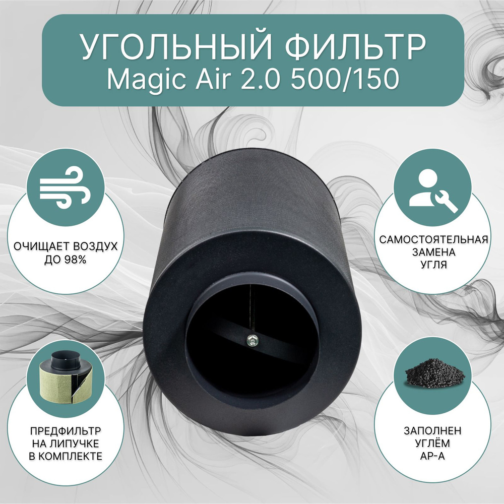 Угольный фильтр Magic Air 2.0 500/150 для очистки воздуха в гроубоксе,  многоразового использования