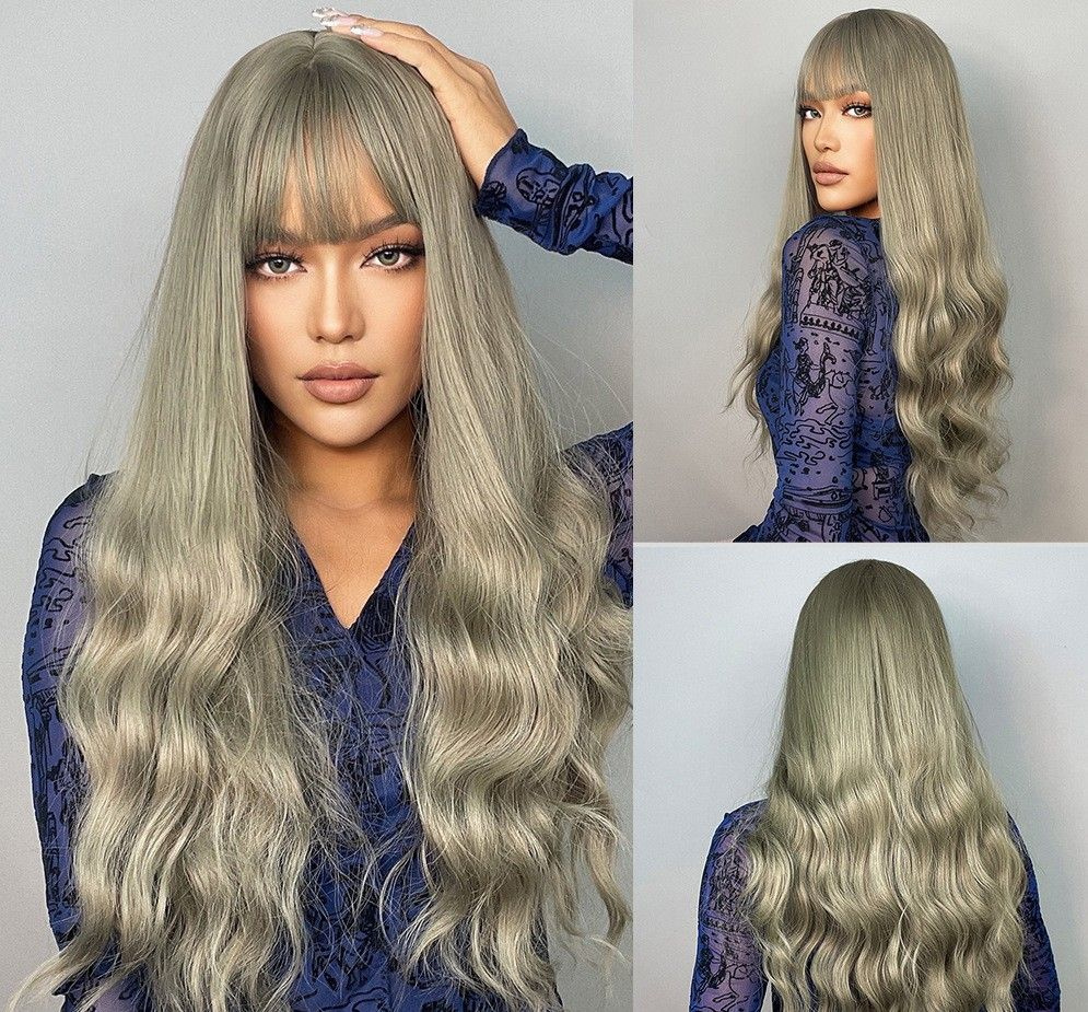 Травянисто-зеленая челка Ци, большая волна, длинный вьющийся парик ...