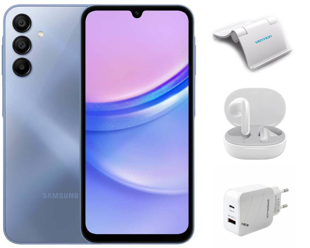 Samsung Смартфон Galaxy A15 SM-A155 Blue + наушники + комплект аксессуаров  + подарочный сертификат 8/256 ГБ, синий