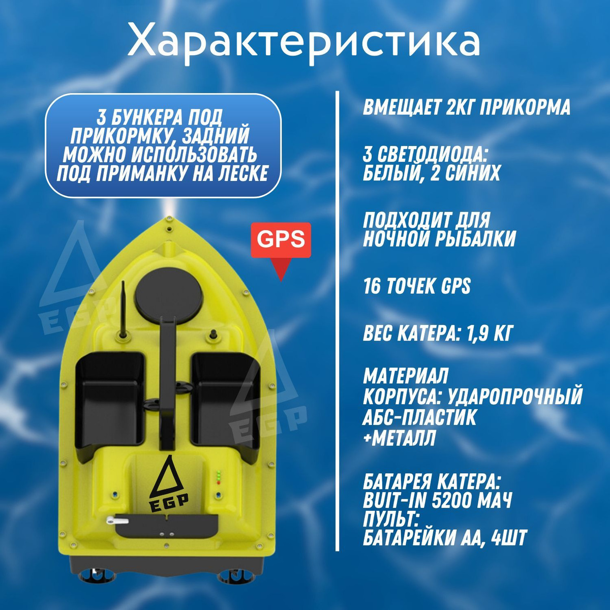 Профессиональный прикормочный кораблик EGP с GPS модулем на 16 точек 2 ...