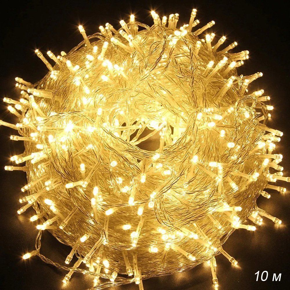 Гирлянда светодиодная. Шнур 10 м, 100 LED 8 режимов, теплый белый. Гирлянда светодиодная. Шнур 10 м, 100 LED 8 режимов, теплый белый.