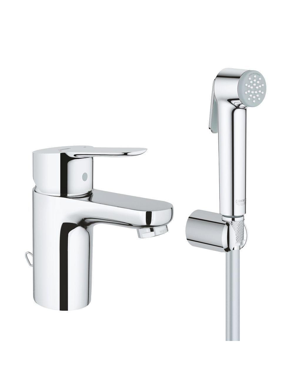 Grohe Набор BauEdge Смеситель, S-Size, гигиенич. душ с переключателем, держатель душа, душевой шланг хром — купить в Алматы