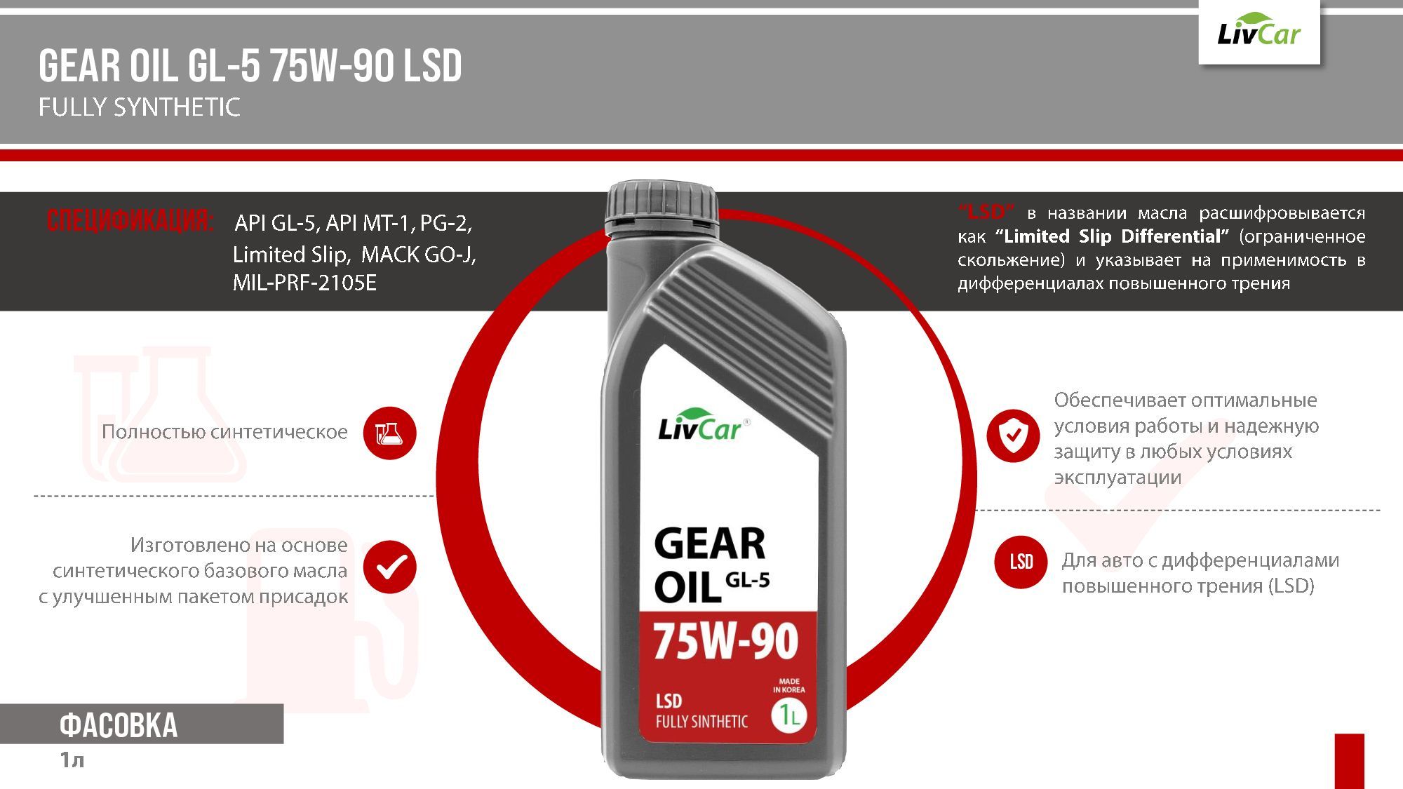 Масло трансмиссионное LivCar Gear Oil LSD GL-5 75W-90 1л - купить по ...