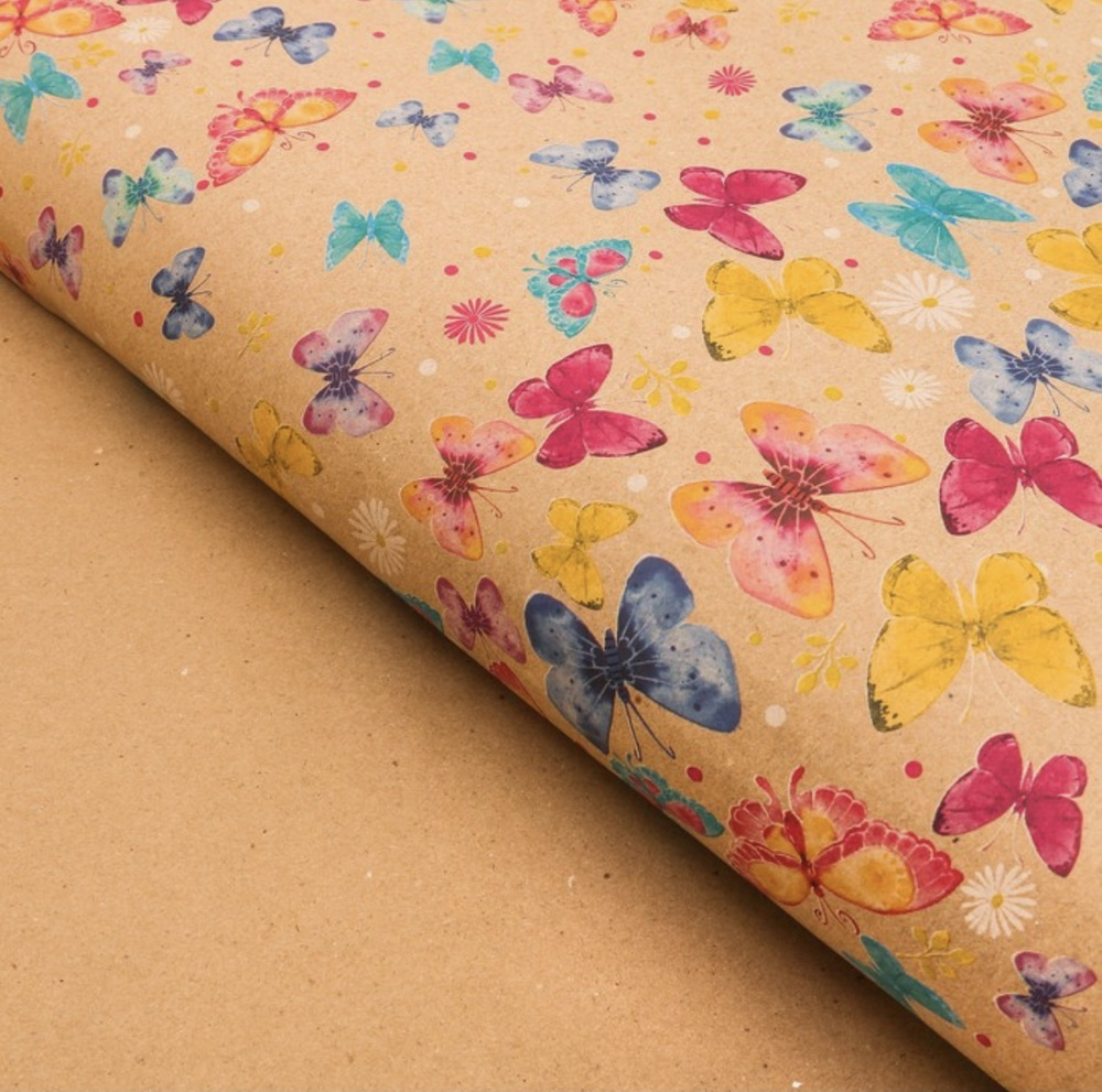 Бумага упаковочная бабочки для подарков крафтовая Порхай от счастья 70х100 см 1 лист/ крафтовая бумага #1