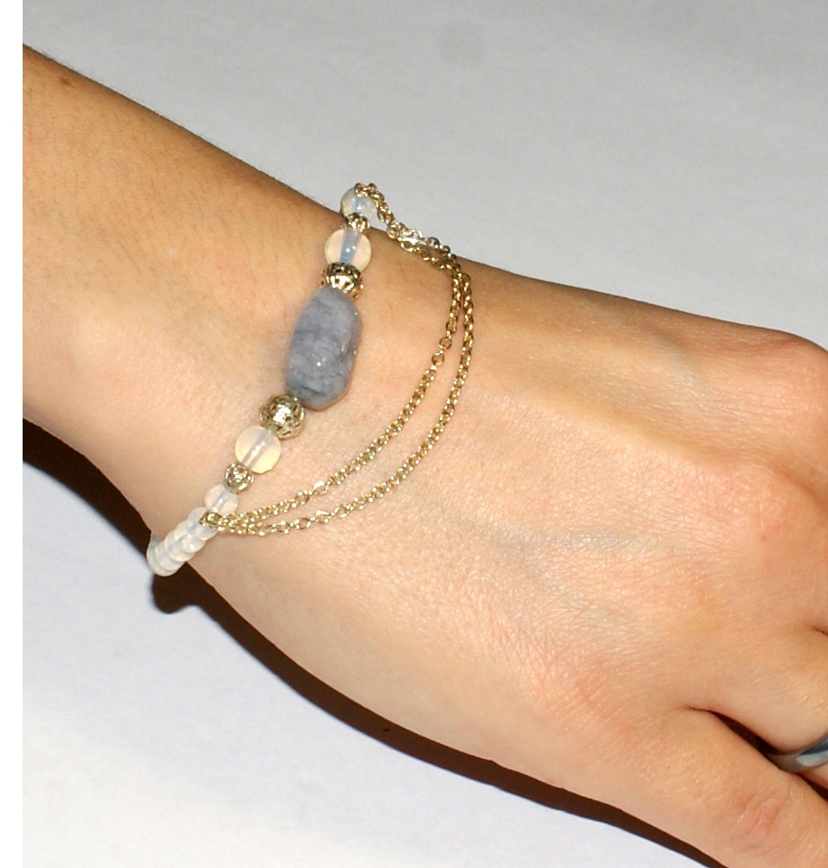 Серебряный браслет женский с лунным камнем и аквамарином размер 15-18 ...