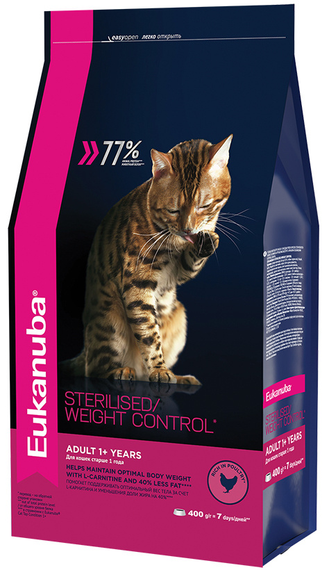 Корм Eukanuba Sterilised/Weight Control для стерилизованных кошек и кошек с избыточным весом, с домашней #1