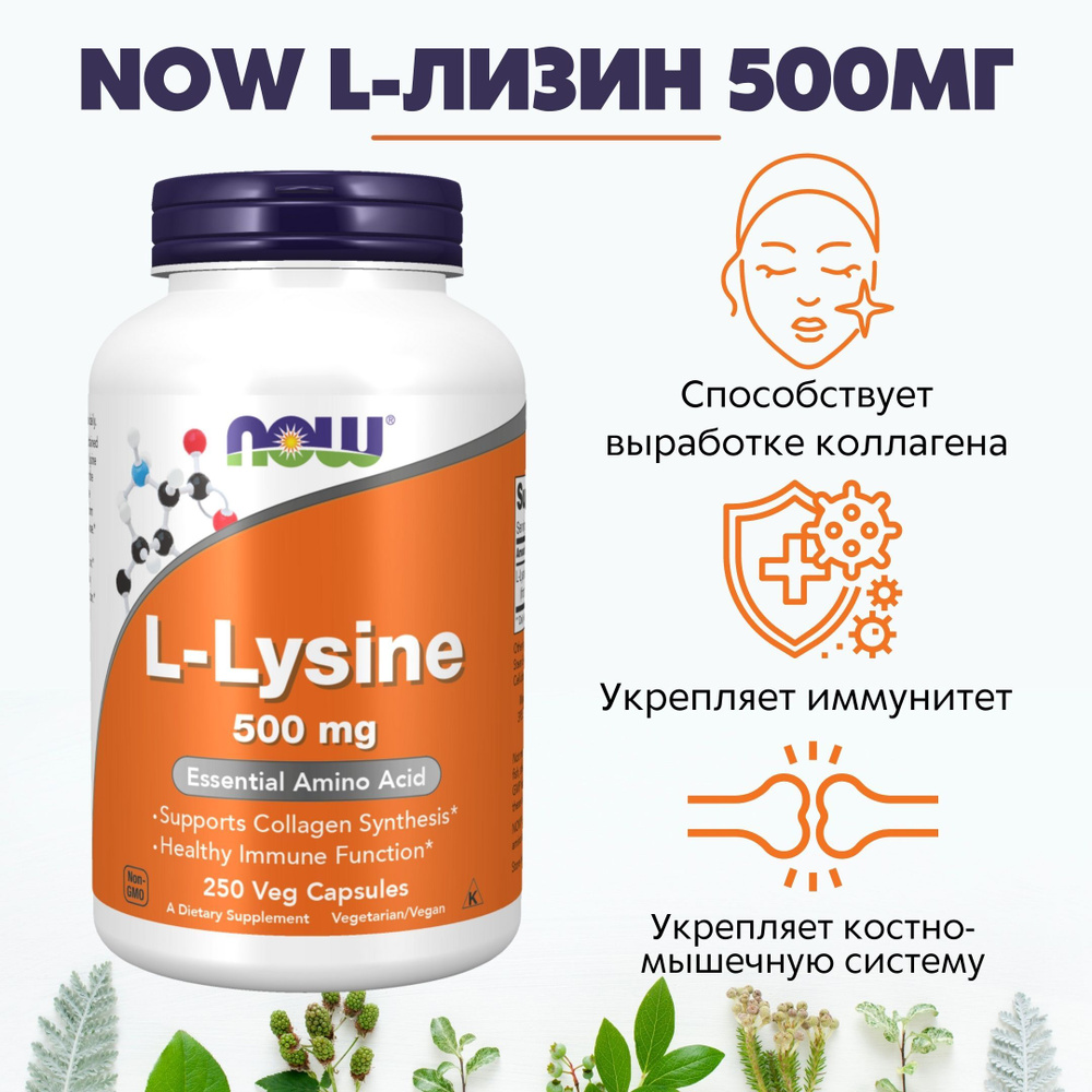 NOW L-Лизин 500 мг 250капс (L-LYSINE 500mg 250 CAPS) — купить в  интернет-магазине OZON с быстрой доставкой