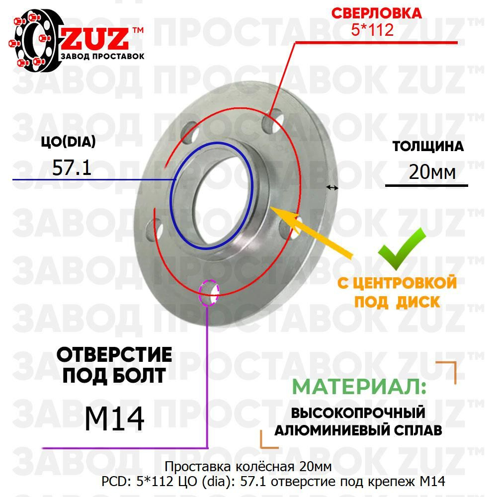 Проставка колёсная 1 шт 20мм PCD: 5*112 ЦО (DIA): 57,1 с бортиком отверстие  под крепёж M14 на ступицу: Cupra Ford Lamborghini McLaren MG Seat Skoda  Volkswagen 5x112 dia_99, арт dia_99 - купить