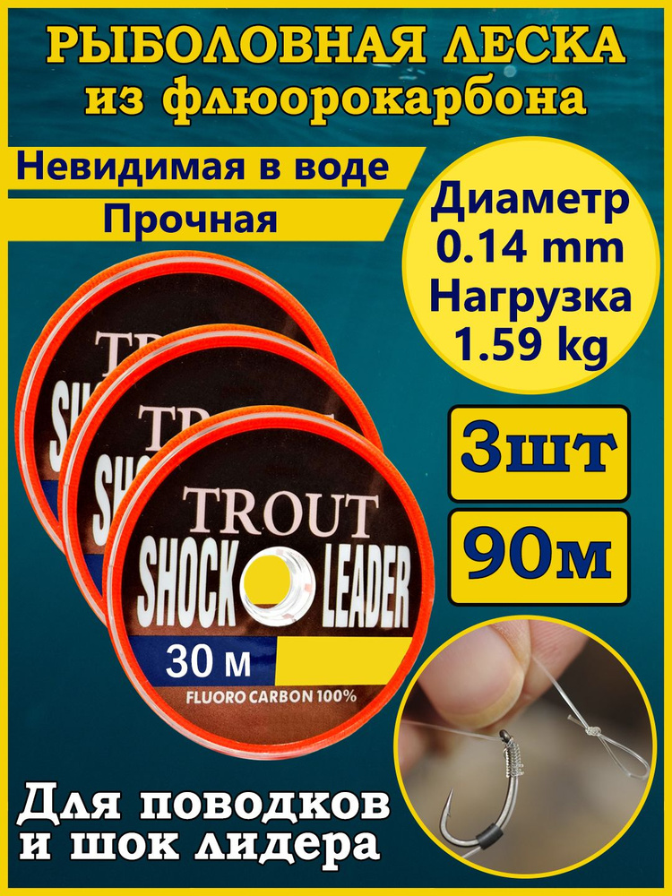 Флюорокарбоновая леска для рыбалки 100КРЮЧКОВ  trout shok leader .