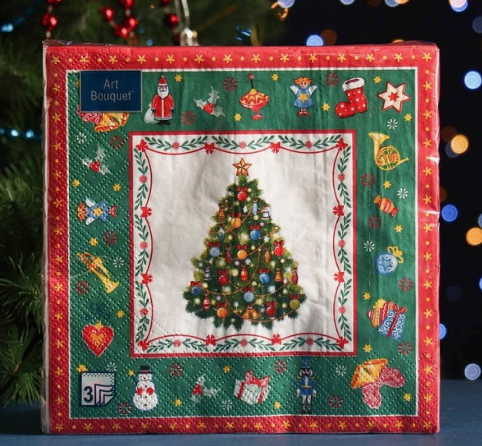 Cалфетки бумажные Новогодняя сказка на зеленом трехслойные 33х33см 20шт ...