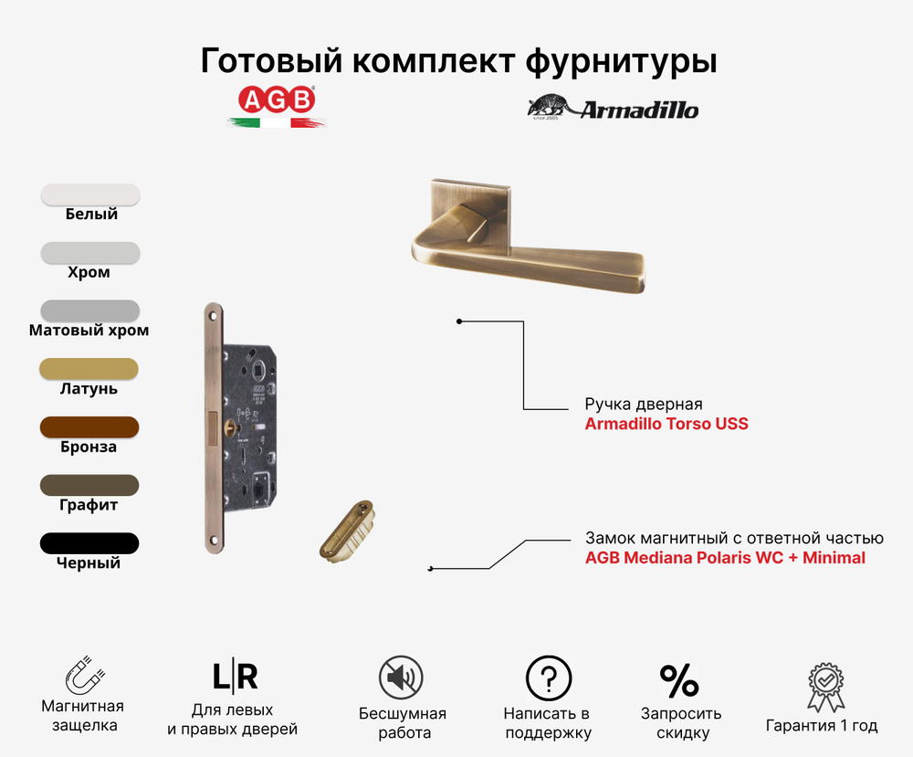 Комплект Ручка дверная Armadillo TORSO USS AB-7 + Замок магнитный бесшумный AGB Mediana POLARIS (с отв. #1