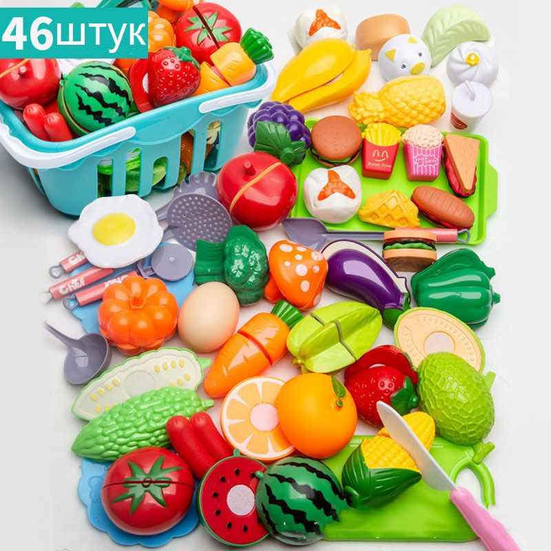 Игрушечные овощи и фрукты 46 предметов, игровой набор режем на липучке ...