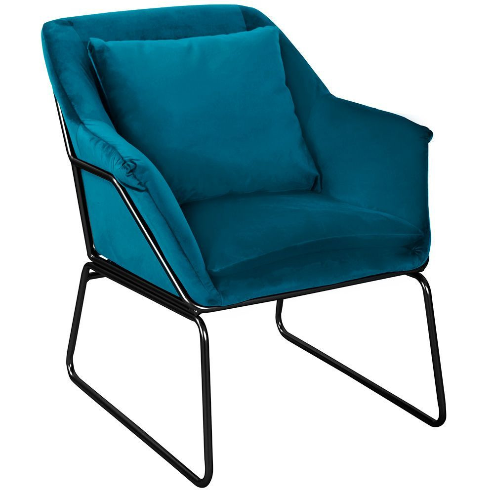 Кресло с подушкой мягкое велюр ALEX темно-бирюзовое, для отдыха, на черных металлических ножках, офисное, #1