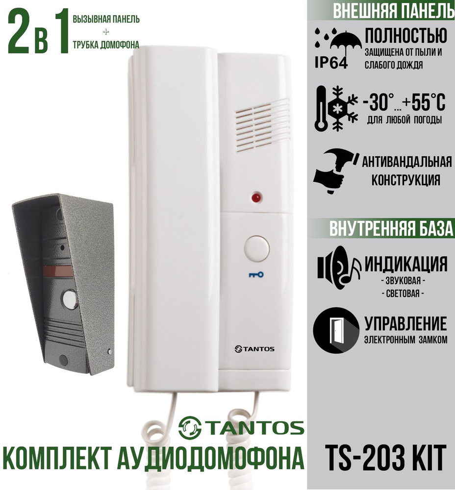 Комплект аудиодомофона TS-203Kit для дома и дачи (антивандальная вызывная  панель)