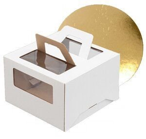 Коробка для торта, 240x240x200мм, микрогофрокартон, белая, с окном, с ручками с подложкой  #1