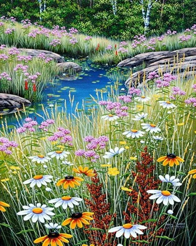 Картина по номерам на холсте с подрамником 40х50 Полевые цветы у ручья. Природа. Ромашки. Пейзаж.  #1