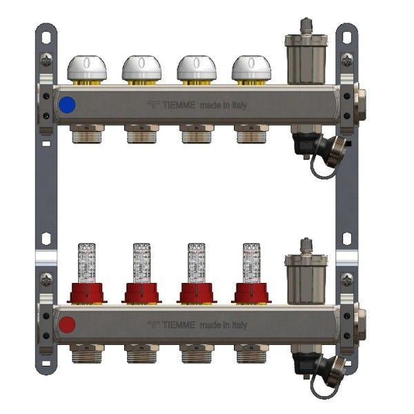 Коллекторная группа Tiemme 3920130 4 отвода 1"-3/4" НР ЕК M30х1,5 мм. с расходомерами (нерж.ст)  #1