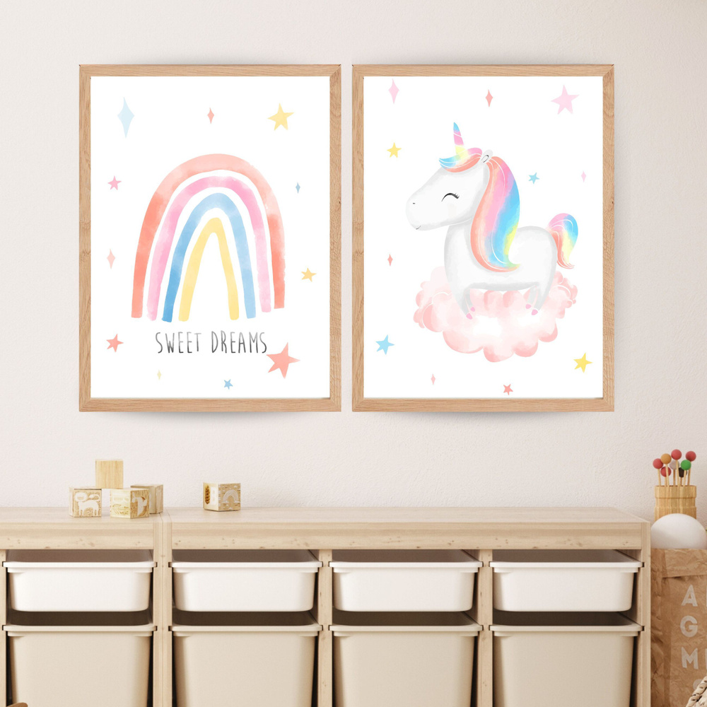Постеры в детскую "Пони Единорог" 2 шт, постеры 30х40 см с радугой в подарочном тубусе  #1
