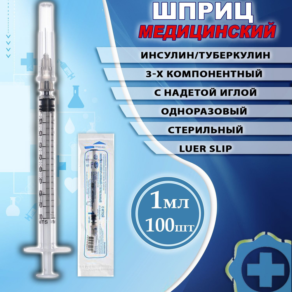 Шприц инсулиновый одноразовый 1мл инсулин/туберкулин с надетой иглой ...