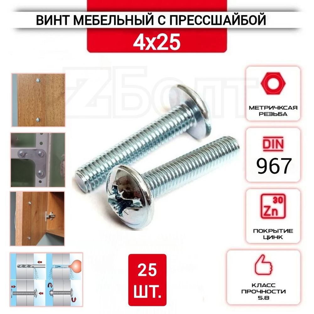 Винт мебельный с полукруглой головкой и прессшайбой, DIN967, 4х25, 25 шт.  #1