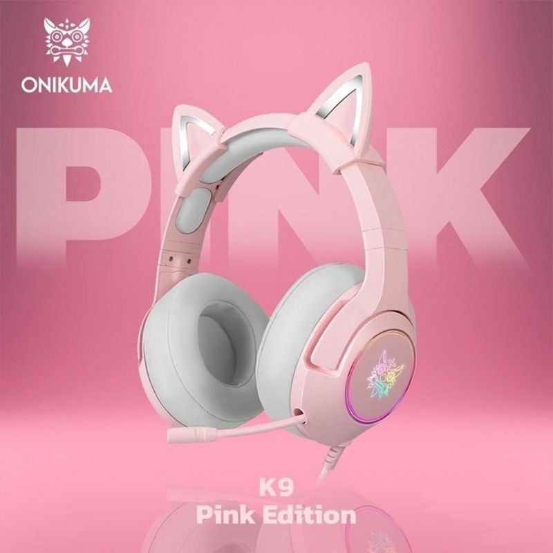 Наушники игровые розовые K9 с микрофоном проводные / съемные ушки / RGB-подсветка  #1