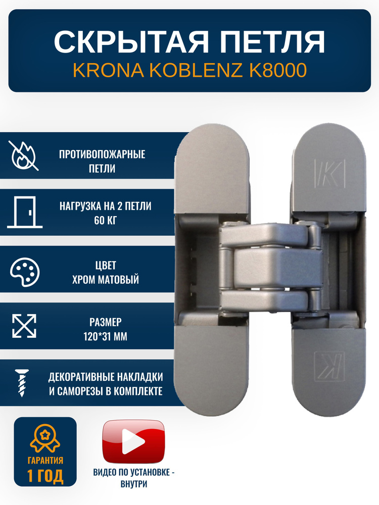 Петли дверные скрытые KRONA KOBLENZ K8000, CS 1 шт., цвет хром матовый  #1