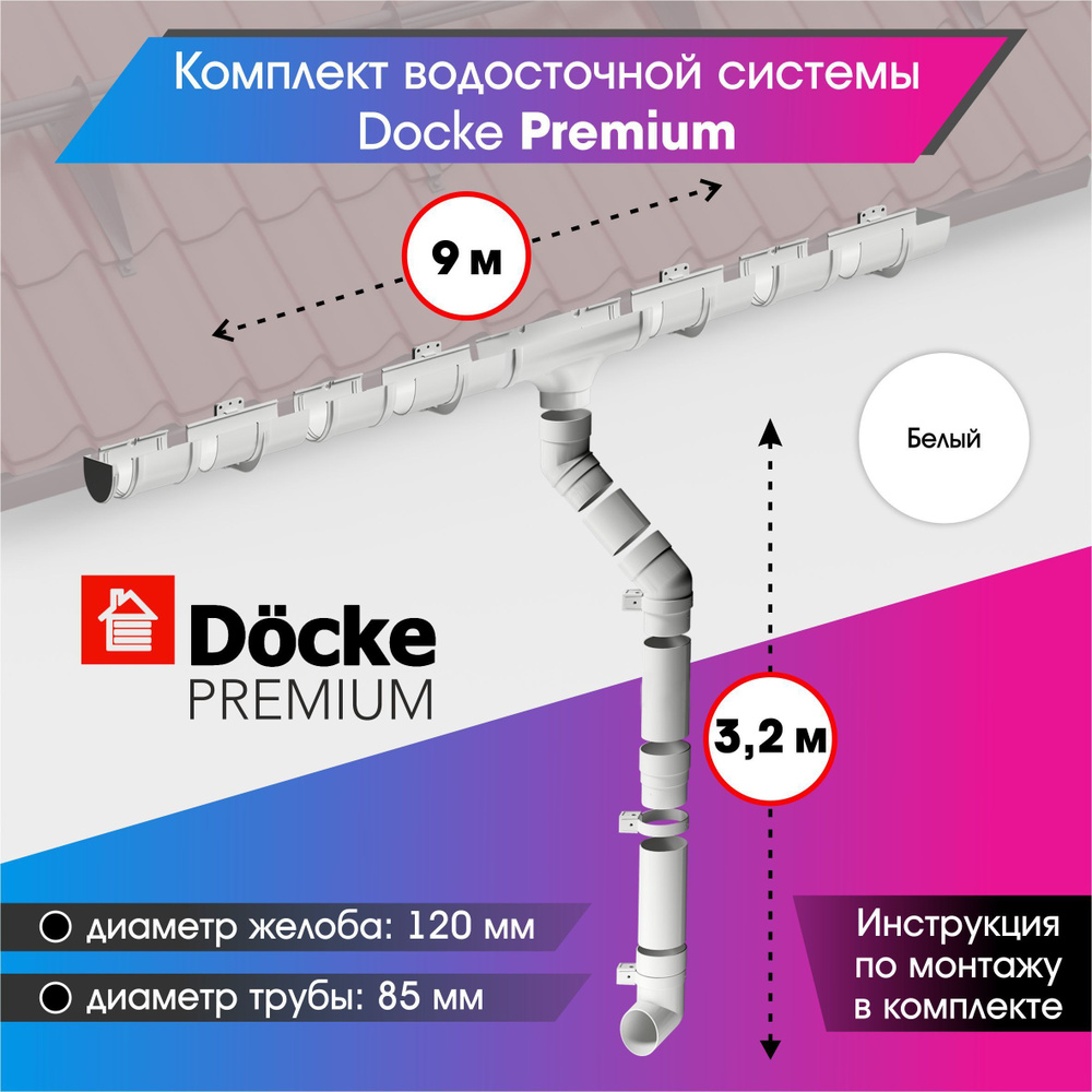 Водосточная система для крыши комплект Docke Premium RAL 9003 водосток для  крыши дома для ската 9м, пломбир