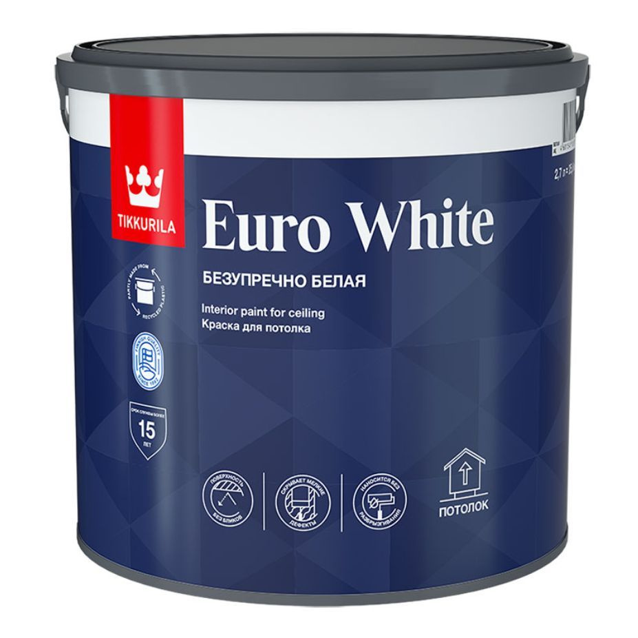 Краска Tikkurila EURO WHITE Гладкая, Акриловая, Матовое покрытие, белый -  купить в интернет-магазине OZON по выгодной цене (1557337862)