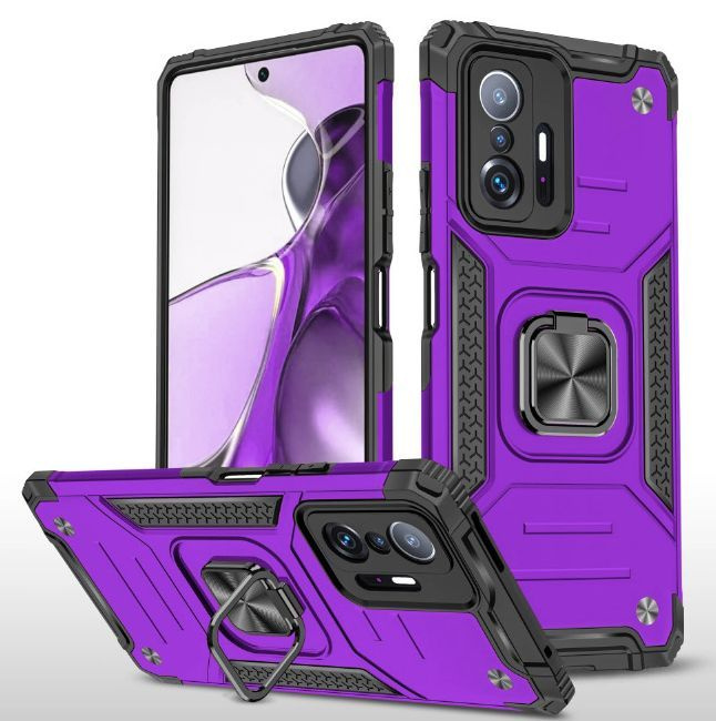 Противоударный чехол для Xiaomi 11T, 11T Pro фиолетовый с пластиной для магнитного автодержателя и кольцом #1