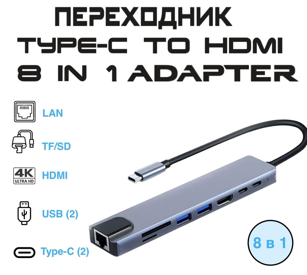 Хаб USB type-C адаптер-переходник GP Professional 8 в 1: LAN+TF/SD+HDTV + 2 порта USB 3.0 + 2 порта USB #1