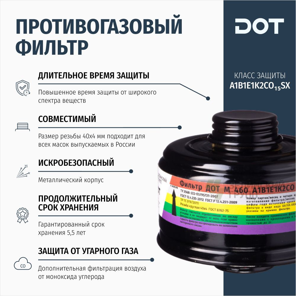Фильтр противогазовый ДОТ М 460 А1В1Е1К2СО15SX от угарного газа для ...