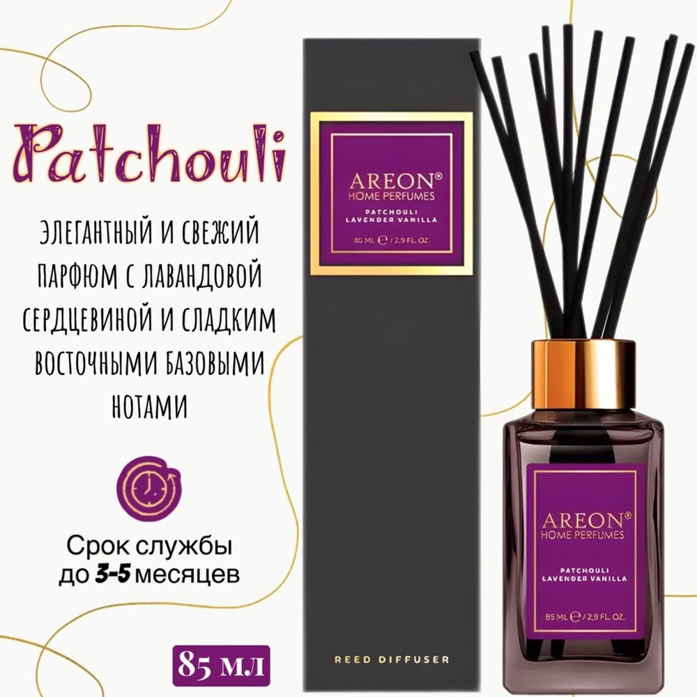 Ароматизатор для дома AREON home perfumes Premium диффузор Patchouli  Lavender Vanilla, 85 мл (флакон, деревянные палочки)