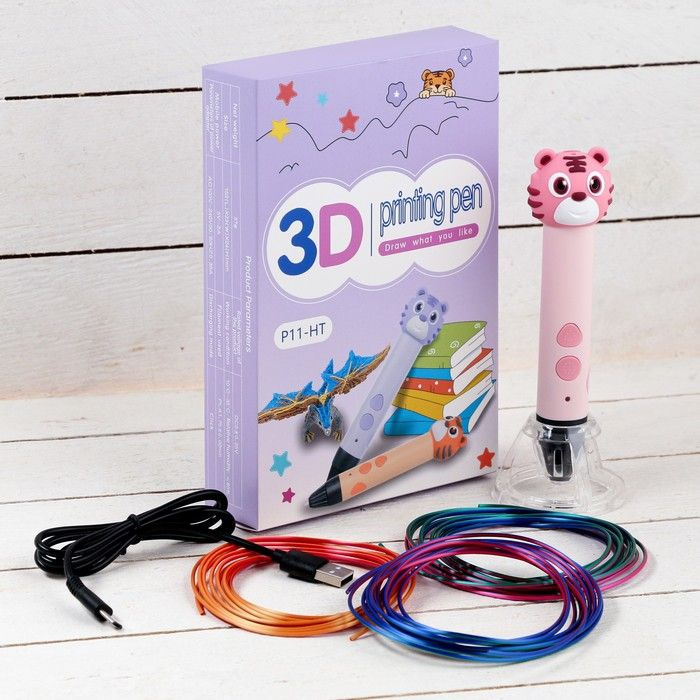 3D ручка Тигрёнок, работа с пластиком PLA, USB кабель питания, розовая  #1