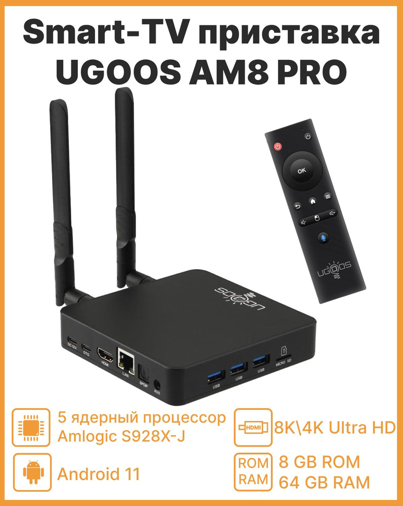 Смарт ТВ приставка Ugoos AM8 PRO 8/64Gb (WiFi-6E) c Bluetooth пультом