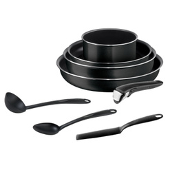 Набор посуды со съемной ручкой Tefal Ingenio Black, 8 предметов: ковш 16см, сковороды 24, 26, 28 см, кухонные аксессуары, с индикатором температуры и антипригарным покрытием, для газовых, электрических плит Посуда со съемной ручкой