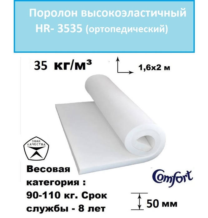 Поролон HR-3535 50 мм 1600х2000 высокоэластичный, высокая плотность 35 ...
