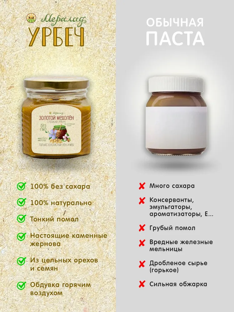 Урбеч из семян льна Золотой медолен без сахара кето пп мед 1кг, 1 кг, фото 3