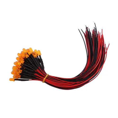 Светодиоды 12В с проводами 20см, 50шт, оранжевые 5мм, для подсветки и индикации