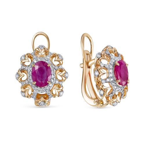 АЛЬКОР Золотые серьги 585 женские с 2 рубинами и 88 бриллиантами ...