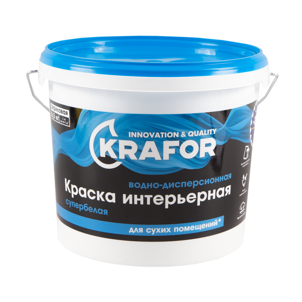 Краска водно-дисперсионная интерьерная Krafor, матовая, 6,5 кг, супербелая  #1